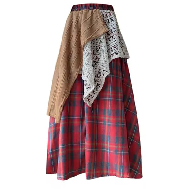레드 체크 롱 스커트 + 레이스 패치