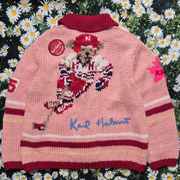 KARL HELMUT 칼헬무트 핑크 하키 곰돌이 니트 가디건 성인M