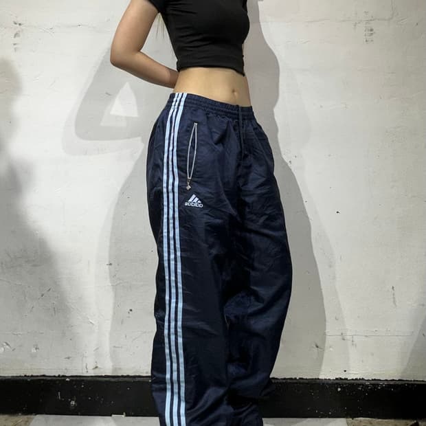 아디다스 네이비 스카이 블루 삼선 와이드 트랙 팬츠 M