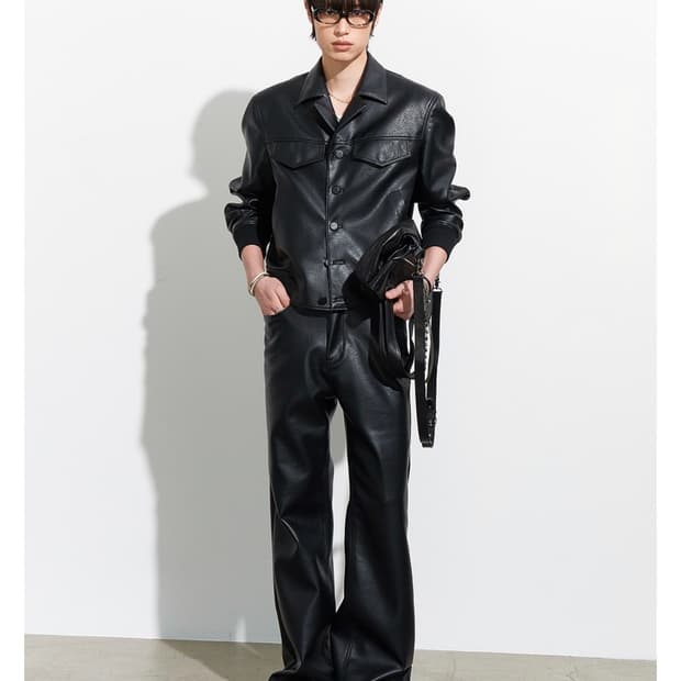 알렌느 폭스 레더 오픈 카라 블루종 블랙 2사이즈