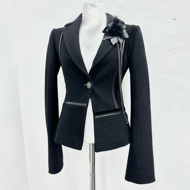 Brooch detail mixed texture jacket