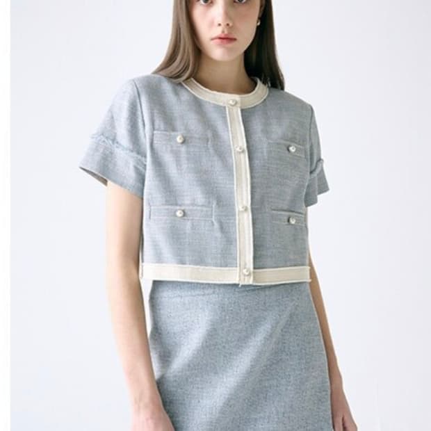 프론트로우 트위드 크롭 자켓 라이트 블루 44~55