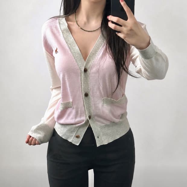 메종 키츠네 베이비 폭스 패치 컬러 블록 가디건 페일 핑크