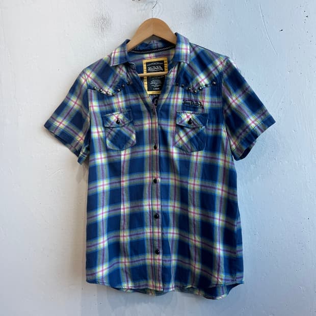 본더치 오픈카라 스터드 체크 반팔 셔츠