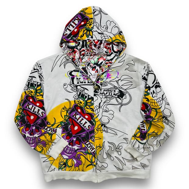 펑크 에드 하디 스컬 로즈 리버시블 글로시 후디 집업