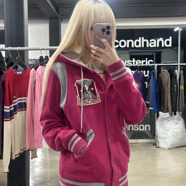 히스테릭 글래머 핑크 배색 후드 집업