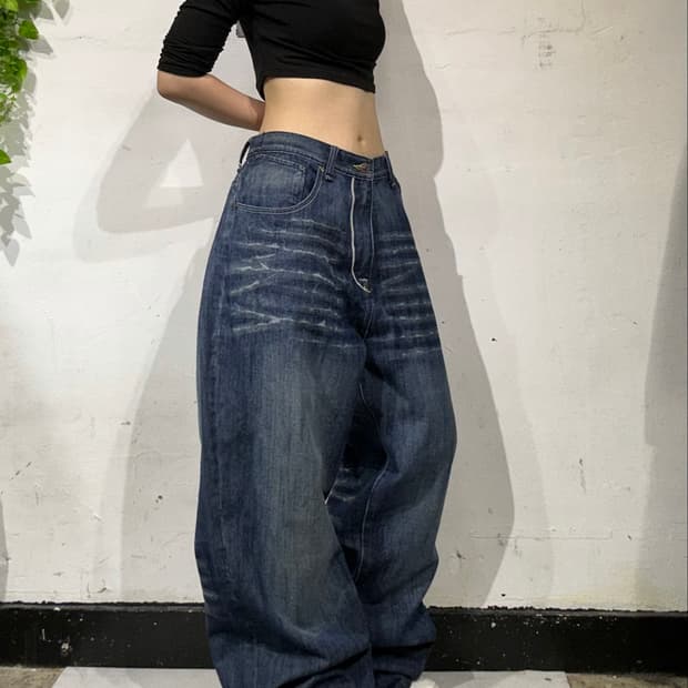 아카데믹 진청 와이드 워싱 힙합 팬츠 데님 청바지 36