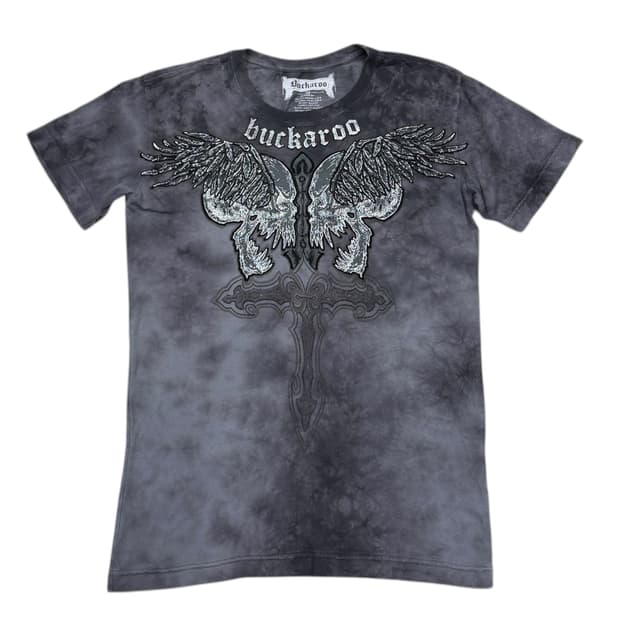 버커루 빈티지 Y2K 오리엔탈 해골 스컬 반팔 그레이 M