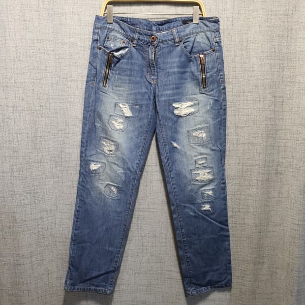 시스템 지퍼 디테일 데님 청바지 데미지진 스타일 