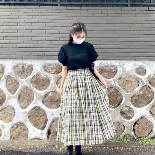 (새상품) 유노이아 체크 스커트 옐로우 (밴딩 프리)