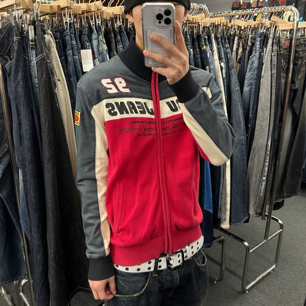 L) 후부 진스 올드스쿨 y2k 레이싱 니트집업 저지