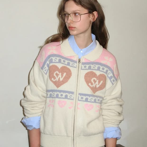 시눈 하트 로고 니트 집업 아이보리