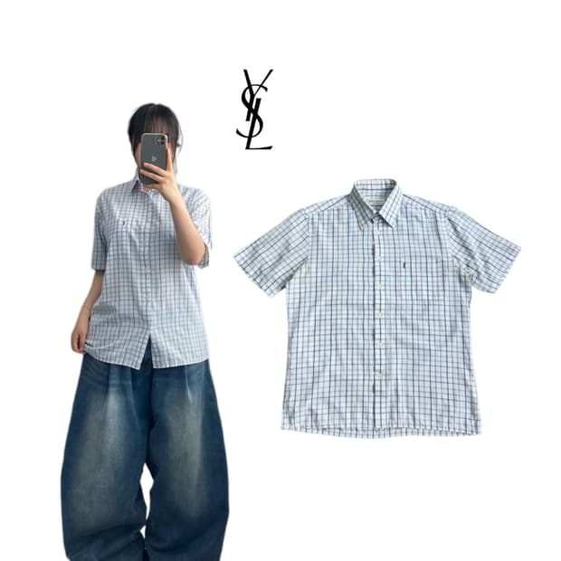 입생로랑 YSL로고 체크 반팔 셔츠