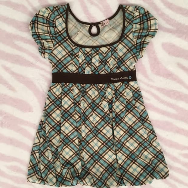 데이지러버즈 깅엄체크 벨벳 퍼프소매 탑 원피스 라떼갸루 헤이세이