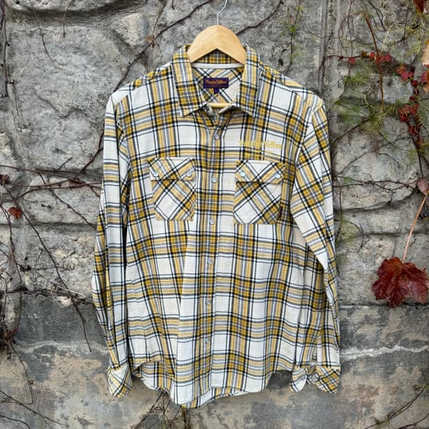 일본 빈티지 퍼플 앤 옐로우 체크 투포켓 플란넬 웨스턴 셔츠