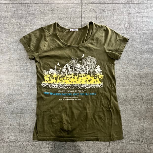 일본빈티지 Doublefocus 핀터깔y2k 딱붙핏 반팔티셔츠 카키