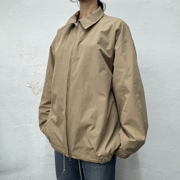 빔즈(BEAMS) 베이지 코튼 더블 집업 드로우 코드 빅실루엣 블루종