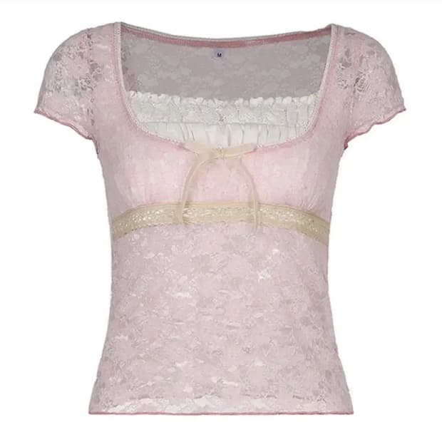 페어리 탑 핑크 레이스 시스루 리본 빈티지 갸루 하치깔