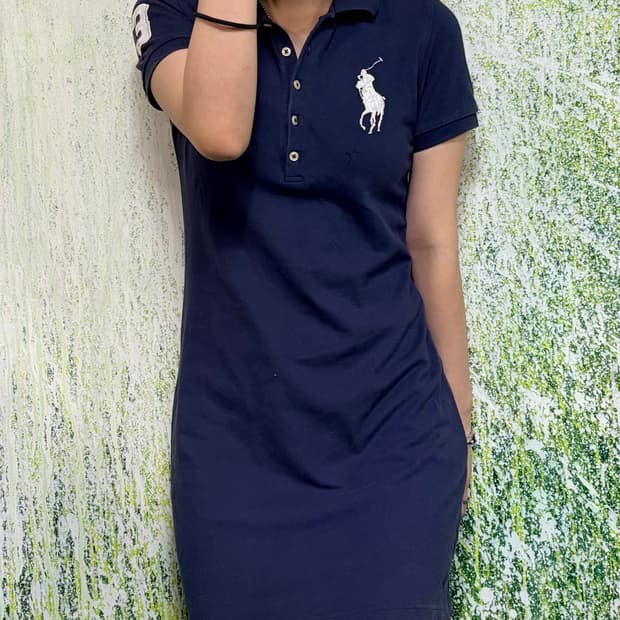 폴로 빅포니 네이비 반팔 원피스 슬림핏 롱 카라티 피케티 L