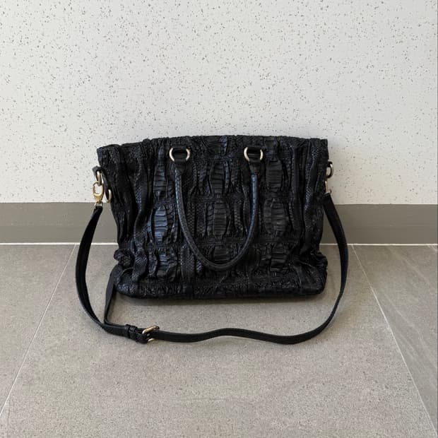 Black real python skin shirring tote bag