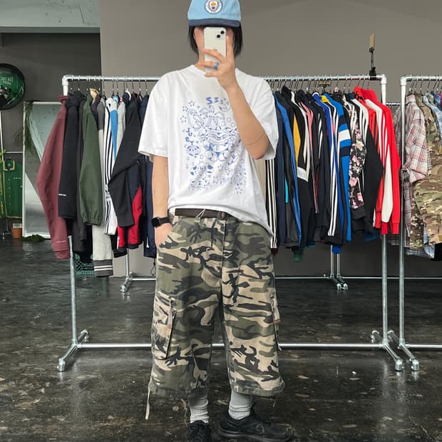 빈티지 카모플라주 카고 하프 팬츠