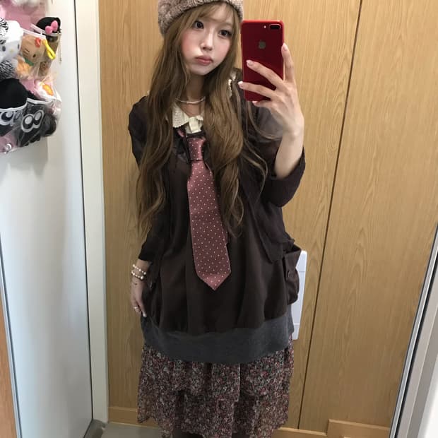 너드 모리 하구미 모카무스 브라운 잔꽃 도트 코디세트