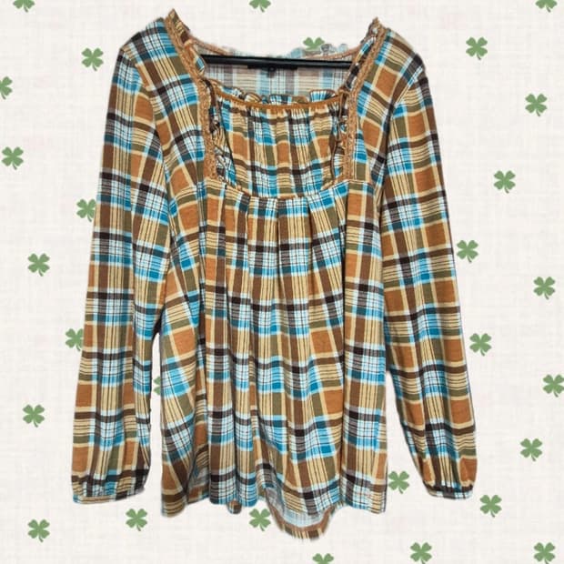 빈티지 모리걸 프릴 체크 롱 블라우스 코야 후유 마루 지구네 스윙잉