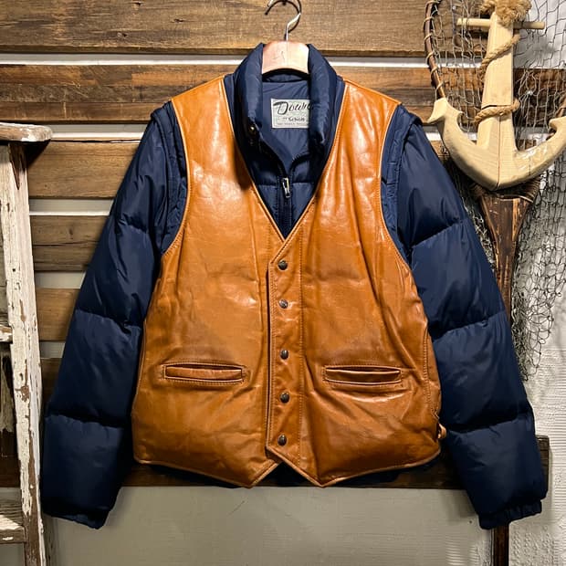 [M]90's 쇼트 USA Made 레더 베스트 분리형 네이비 다운 패딩