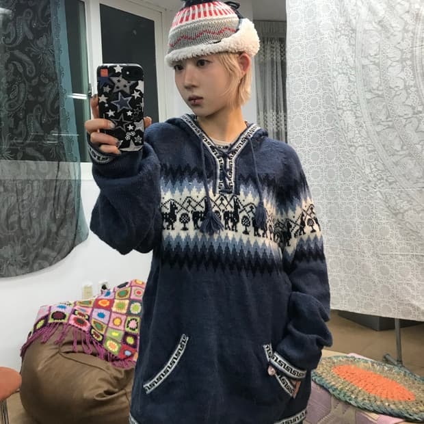 에스닉 패턴 니트 후드티 