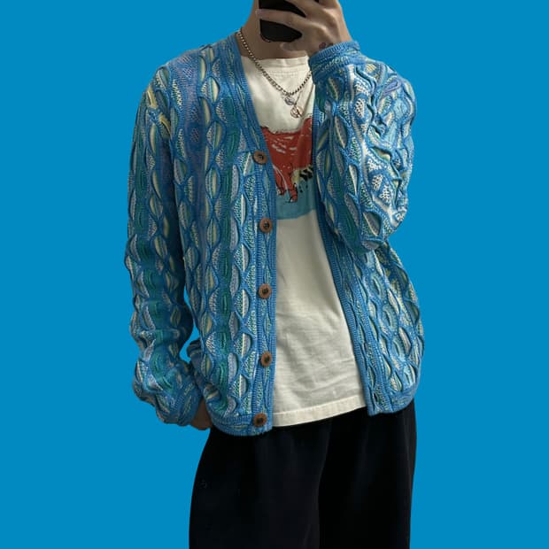 빈티지 하늘색 케이블 니트 가디건 키치