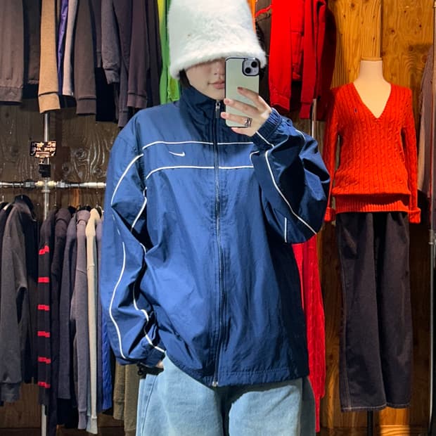 M 나이키 스우시 올드스쿨 사이드라인 화네이비 바람막이