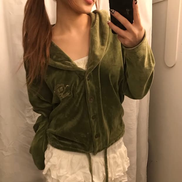 JPN Vintage 갸루 벨벳 그린 후드집업