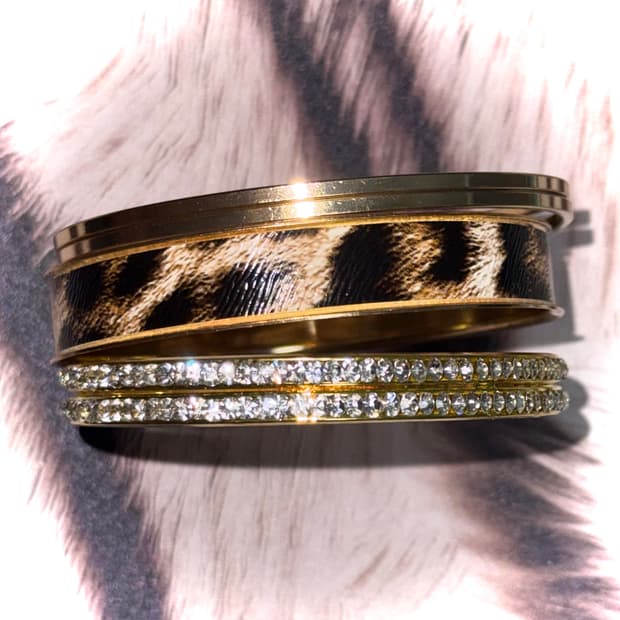 일본 시부야 갸루 골드 호피 큐빅 뱅글 팔찌 세트