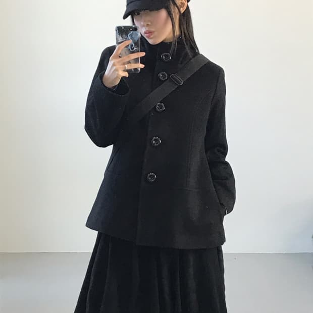 Theoria Black Stand Collar Wool Coat