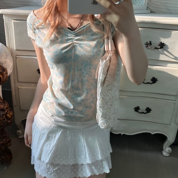 Kumikyoku 쿠미쿄쿠 민트 플로럴 오프숄더