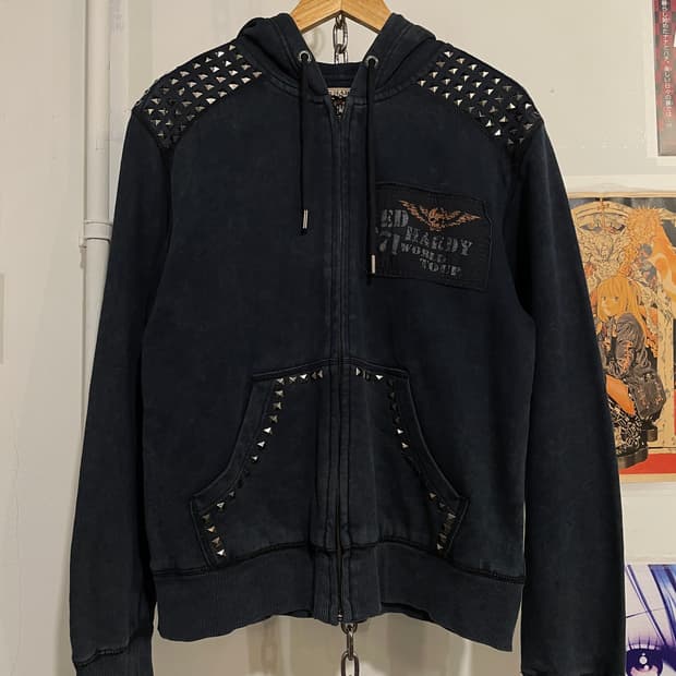 ed hardy 71 월드투어 스터드 패치워크 워싱 네이비 후드집업