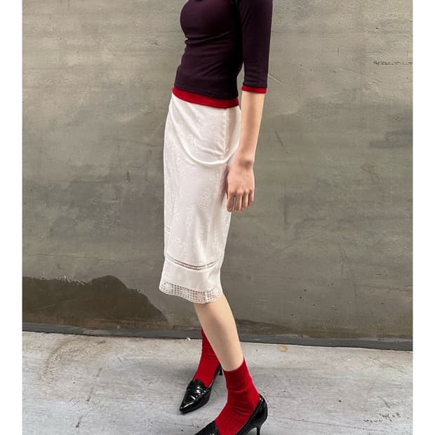 길영 Floral Satin Lace Skirt_Ivory