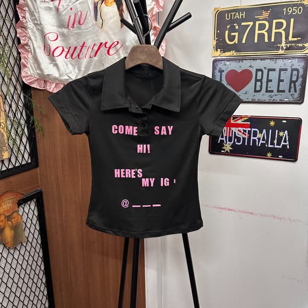 Pink Lettering Slim Fit Collared T Shirt