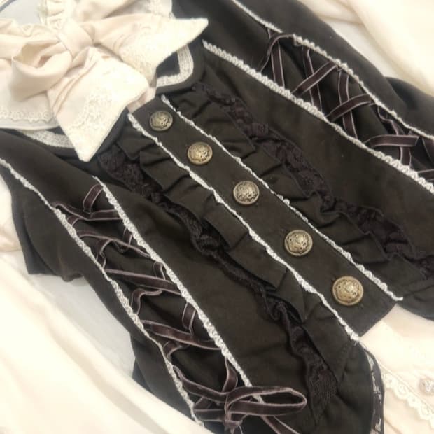 초코브라운 엑시즈팜 조끼+프릴 리본 블라우스 랴떼갸루 코디세트