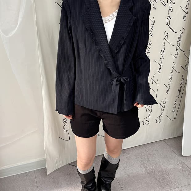 ixi pinstripe frill detail wrap jacket