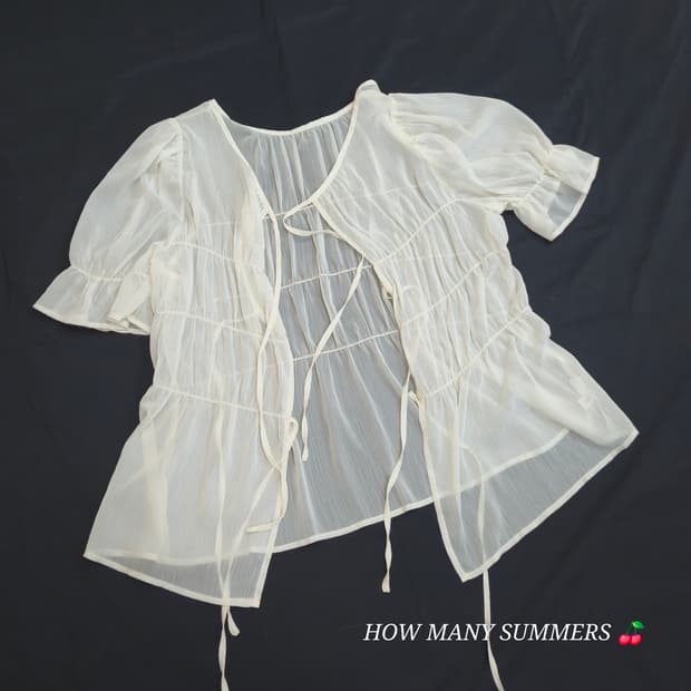 여름 시스루 리본 볼레로 가디건 링클 쉬폰 반팔 블라우스 화이트