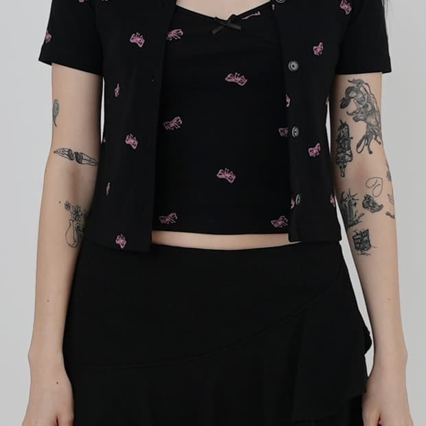 팝시즈 리본 나시+가디건