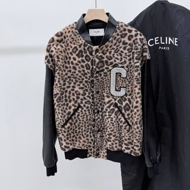 [S+급/52] 셀린느 레오파드 양 가죽 테디 바시티 자켓 블랙