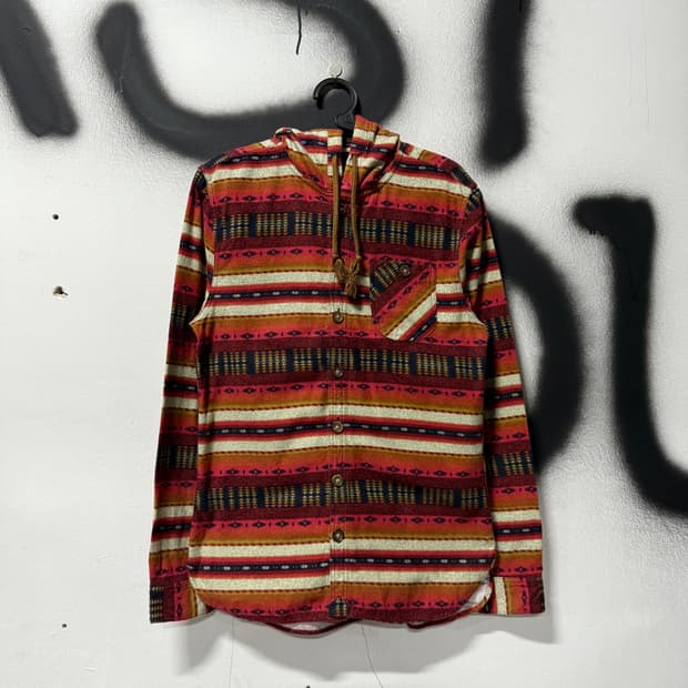VTG 빈티지 에스닉 스트라이프 패턴 원포켓 후드 긴팔 셔츠