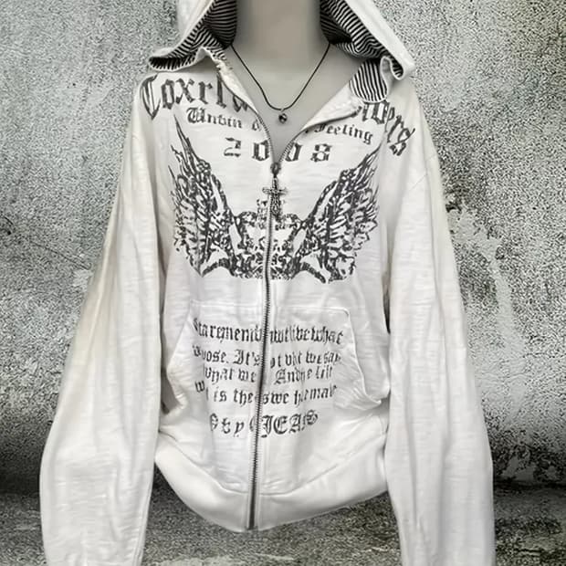 빈티지 y2k 화이트 프린팅 후드집업