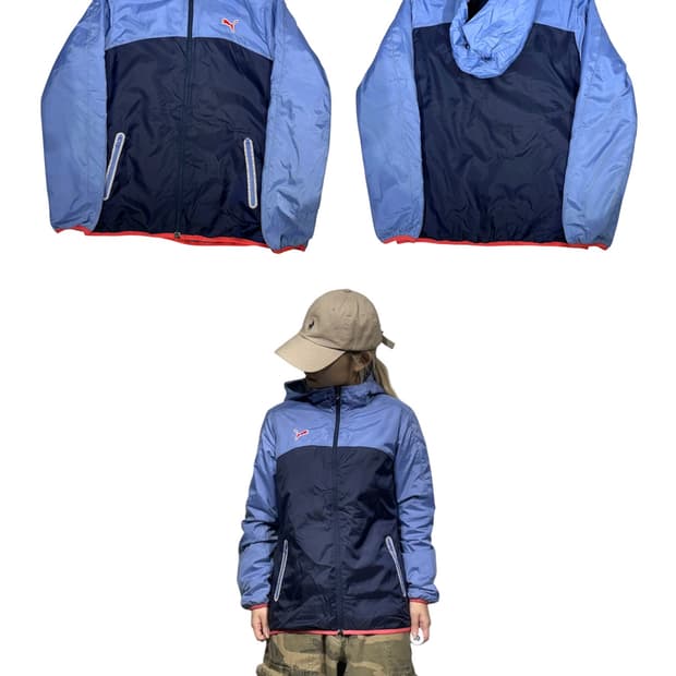 푸마 네이비 블루 후드 로고 바람막이 자켓 M