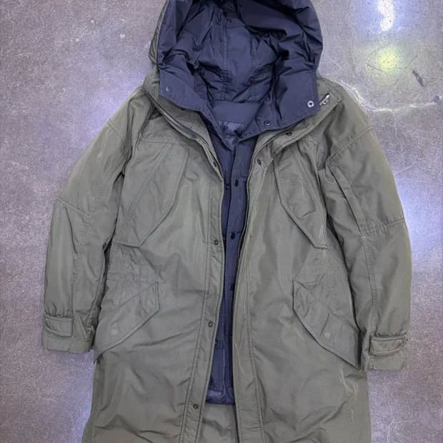 타임옴므 구스다운 패딩 레이어드 야상점퍼 올리브 95