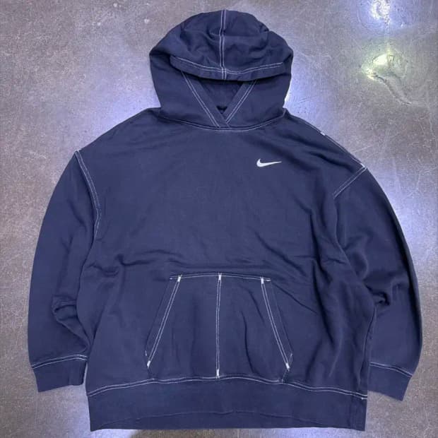 나이키 블랙 화이트 스티치 포인트 스우시 패치 후디 후드티 M