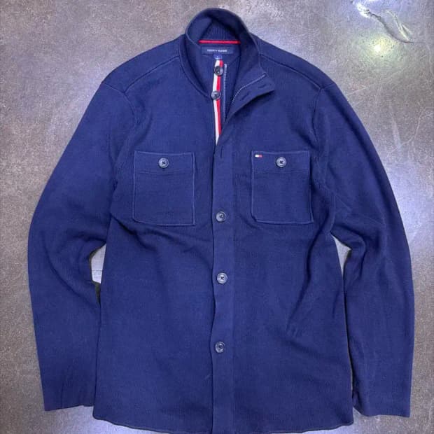 타미힐피거 투포켓 코튼 니트 삼선 니트 지퍼 가디건 M