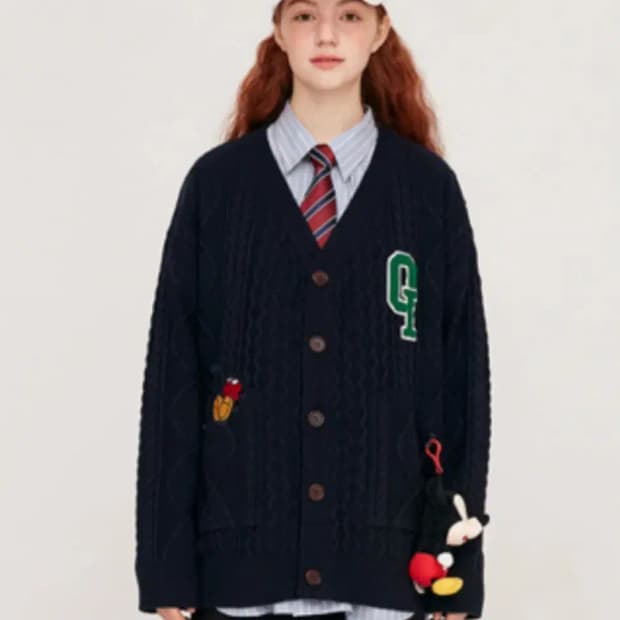 오아이오아이 oioi 디즈니 콜라보 미키마우스 케이블 니트 가디건
